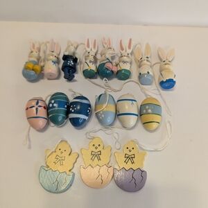 Lot of 17 Painted Wood Easter Ornaments Egg Bunny Chicks for a Tree